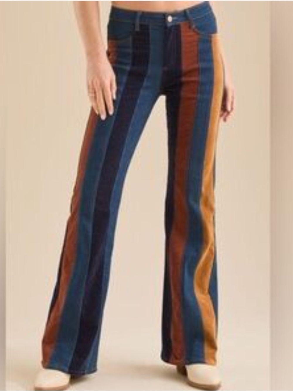 Altar'd State Mixed Fabric Corduroy Denim Striped Flare Jeans Size 28 Stretch - Picture 2 of 8